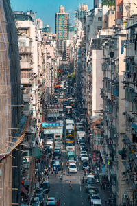 High angle view of city street and buildings, sham shui po, hong kong. 