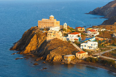 Morning view of psara village and agios nikolaos church.