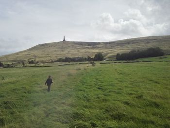 Rear view of man walking on grassy field