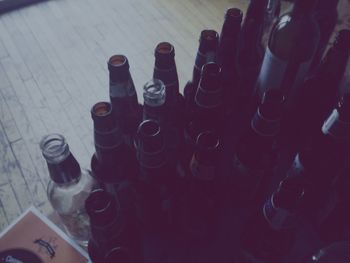 High angle view of bottles on floor