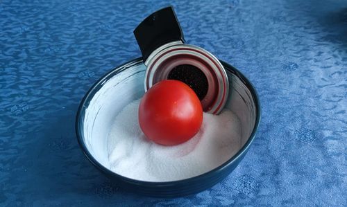 High angle view of tomatoes in bowl on table