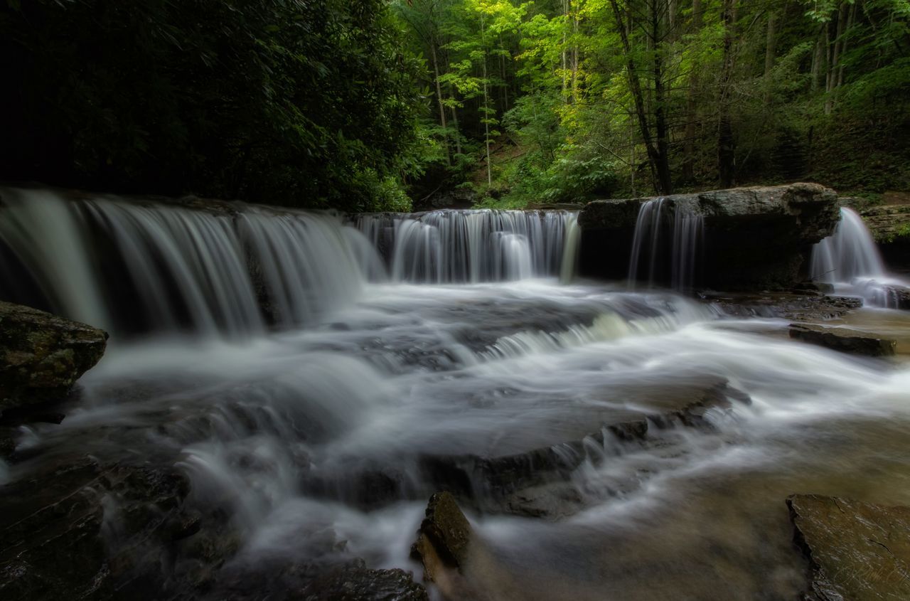 waterfall, water, motion, flowing water, long exposure, flowing, forest, beauty in nature, scenics, nature, blurred motion, rock - object, tree, power in nature, environment, idyllic, splashing, surf, river, day