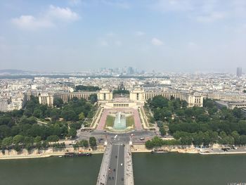 High angle view of buildings against cloudy sky