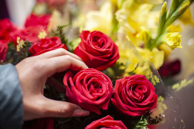 Close-up of hand holding rose bouquet