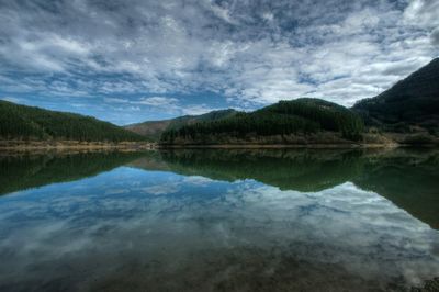 Scenic view of lake and mountains against sky