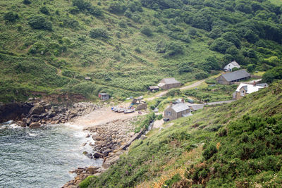 High angle view of houses and trees on mountain