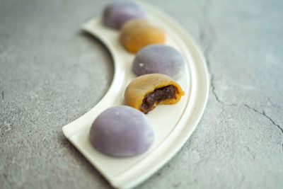 High angle view of japanese mochi dessert on table.