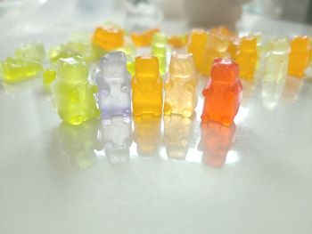 Close-up of multi colored candies on table