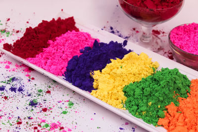 High angle view of multi colored candies on table