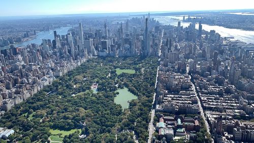 High angle view of modern buildings in city