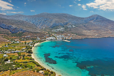 Scenic view of sea and mountains against sky