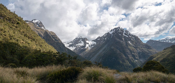 Mountains panorama during overcast day, shot on caples track, new zealand