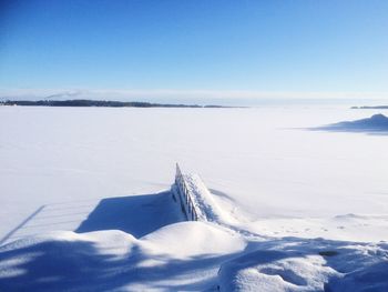 Scenic view of snowcapped mountains against clear blue sky