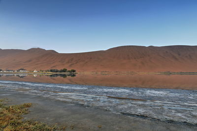 Scenic view of desert against clear blue sky