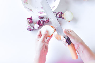 Midsection of person preparing food against white background