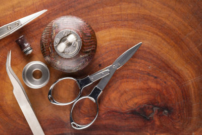 High angle view of old objects on table