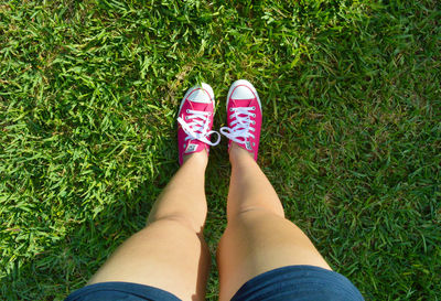 Low section of person standing on grass