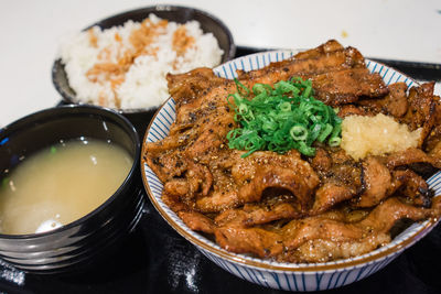 High angle view of food in plate on table