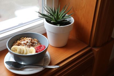 High angle view of breakfast served on table