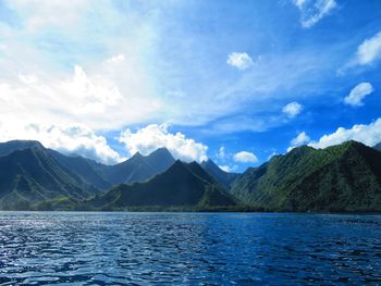 Scenic view of lake and mountains against sky