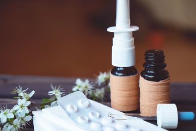 High angle view of white flowers on table