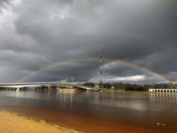 Scenic view of rainbow over river against sky