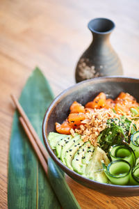 High angle view of vegetables in bowl on table