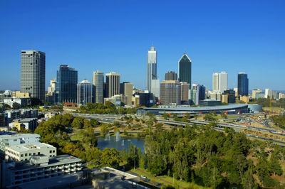 Modern cityscape against clear blue sky