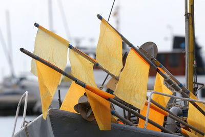 Close-up of yellow ship moored in water