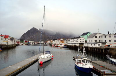 Marvelous small silent harbor in northern norway in a cloudy day