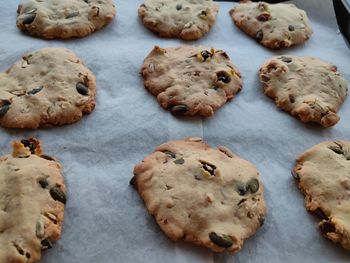 High angle view of cookies