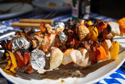 Close-up of food served on table