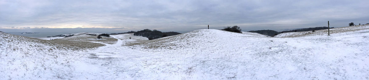 Panoramic view of snow covered landscape against sky