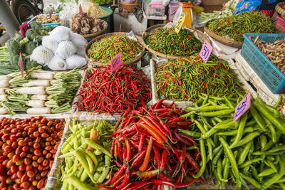 High angle view of vegetables for sale at market stall