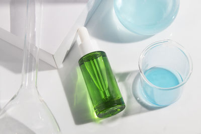 High angle view of bottles in laboratory