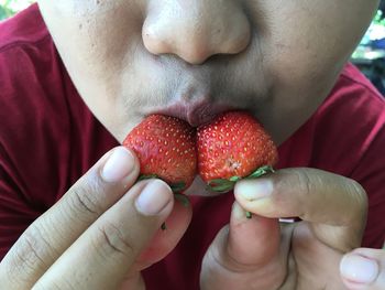 Close-up of hand holding strawberries