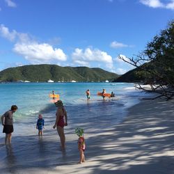 People on beach against sky