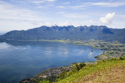 Scenic view of lake and mountains against sky