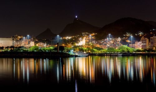 Reflection of illuminated buildings in lake at night