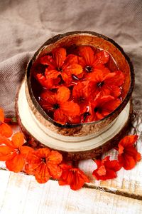 High angle view of red flowers in bowl on table