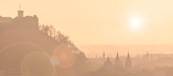 Panoramic view of city buildings against sky during sunset