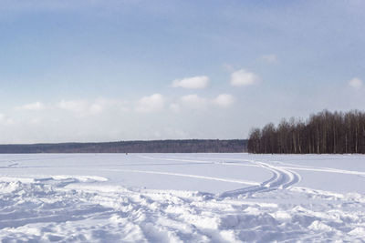 Beautiful winter landscape with field of white snow and forest on horizon on sunny frosty day.