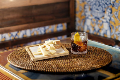 Close-up of food served on table