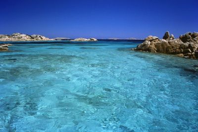 Scenic view of sea against clear blue sky