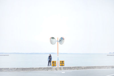 Rear view of man standing at beach against clear sky