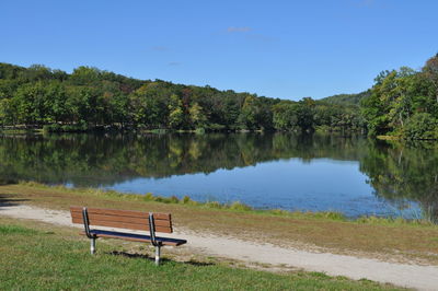 Scenic view of lake by trees against sky