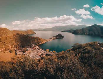 High angle view of lake against sky