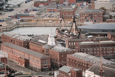 Aerial view of the harbour and hms victory in portsmouth, hampshire, southern england