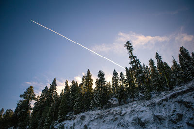 Vapor trail on snow covered landscape against sky