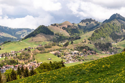 Scenic view of landscape and mountains against sky